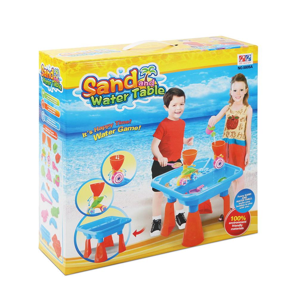 Keezi 23 Piece Kids Play Table Set featuring colorful sand and water play accessories including boats, moulds, and tools for outdoor fun.